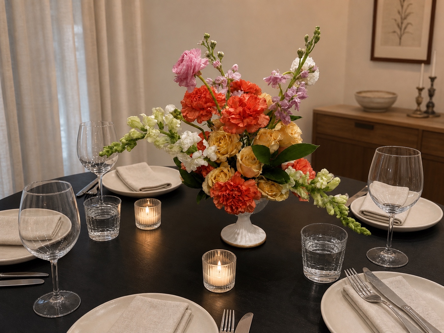 Colorful floral centerpiece on a black table set for an intimate dinner party