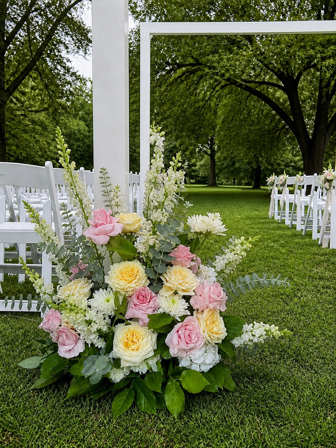 Three-foot blush, white, and green floral arrangement at the base of a white outdoor wedding ceremony arch