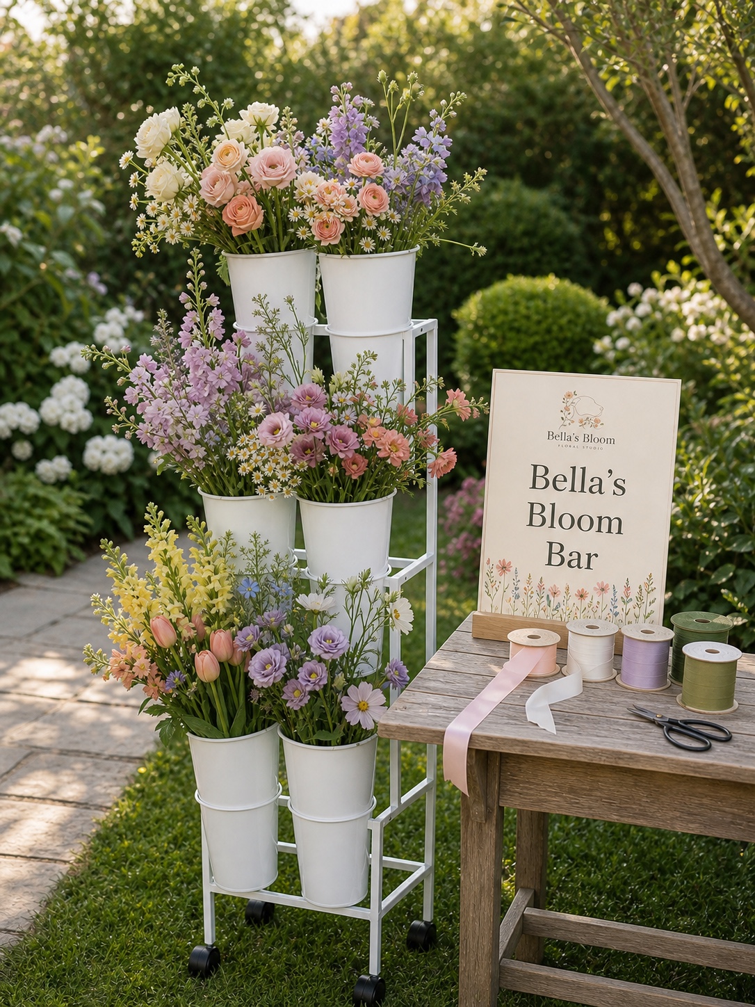 Bella's Bloom garden flower bar with natural loose stems, branded sign, ribbon, and floral shears